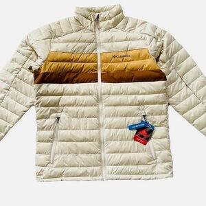 Columbia Cream Quilted Puffer Jacket with Gold and Brown Stripes NWT